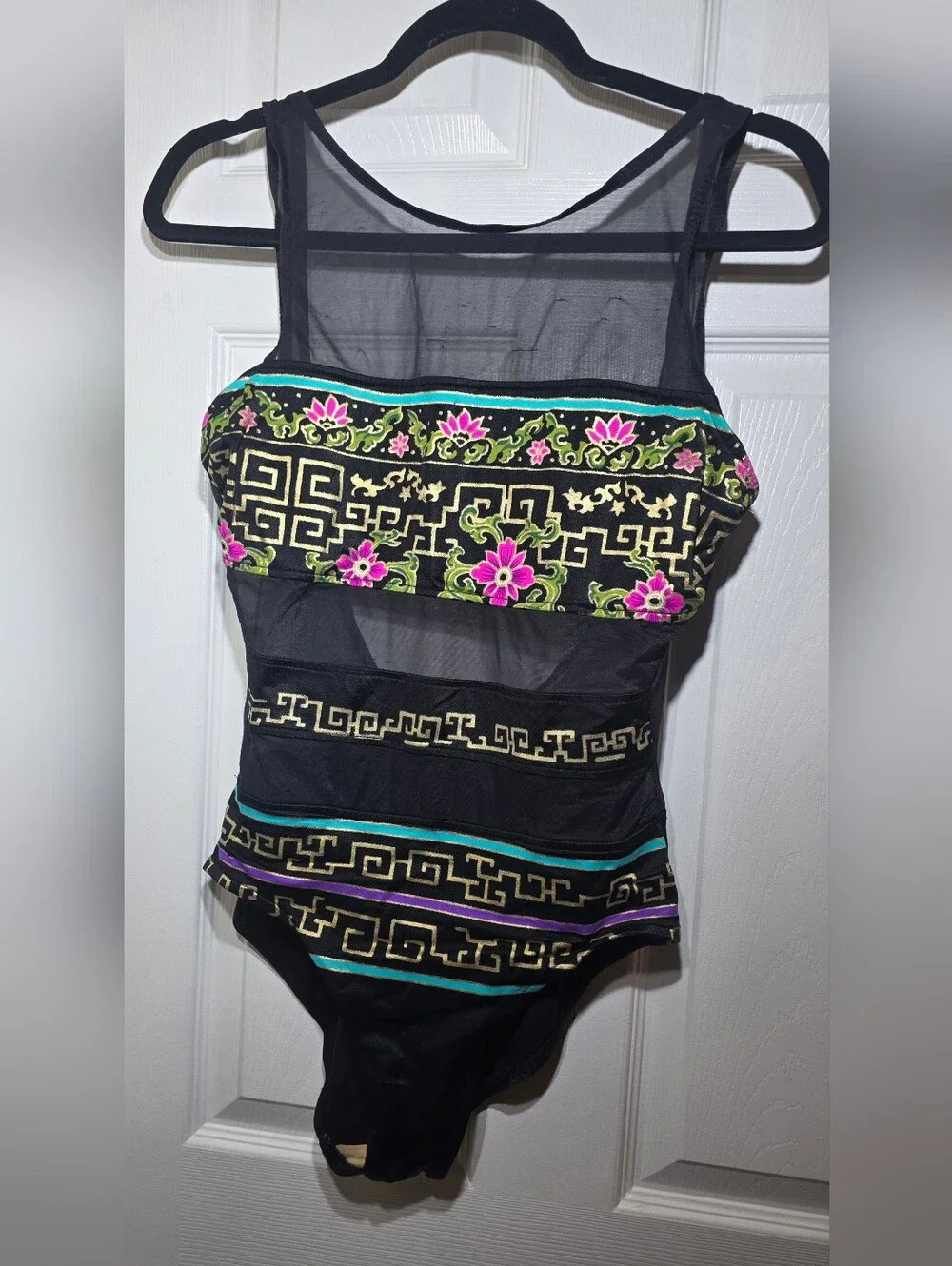 Catalina Vintage One Piece Swimsuit Black Mesh Floral Size 12 Made in USA
